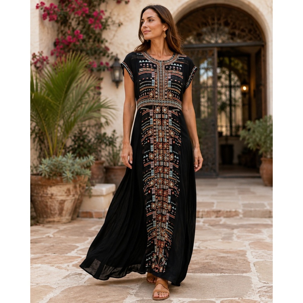 Johnny Was Biya Effy Maxi Dress Womens XS Black Embroidered Boho Challis Rayon